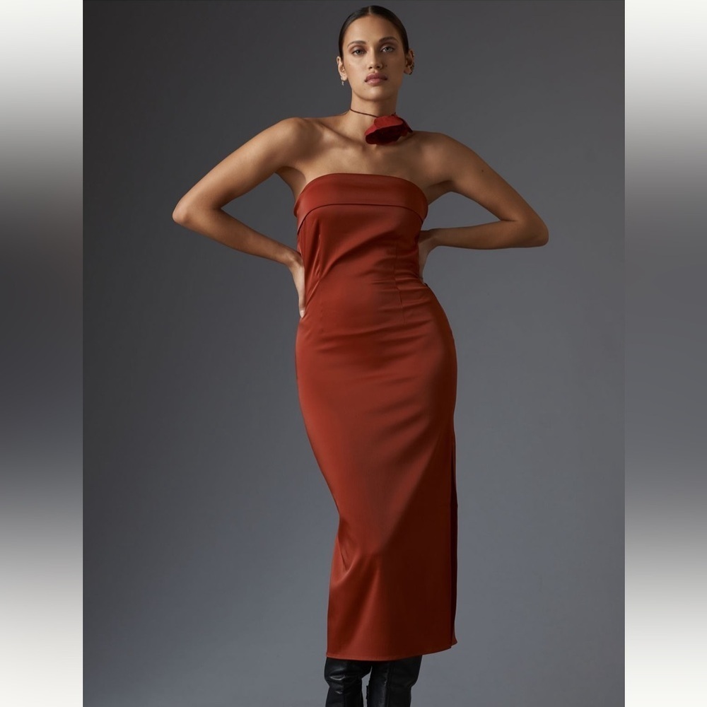 NWT Anthropologie Women’s Strapless Cowl-Back Midi Dress Rust Color Size XL